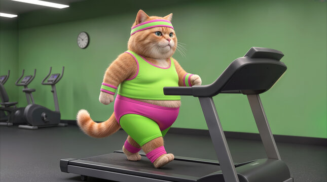 Tabby cat exercising on treadmill in gym. Anthropomorphic feline wearing colorful fitness apparel during cardio workout.