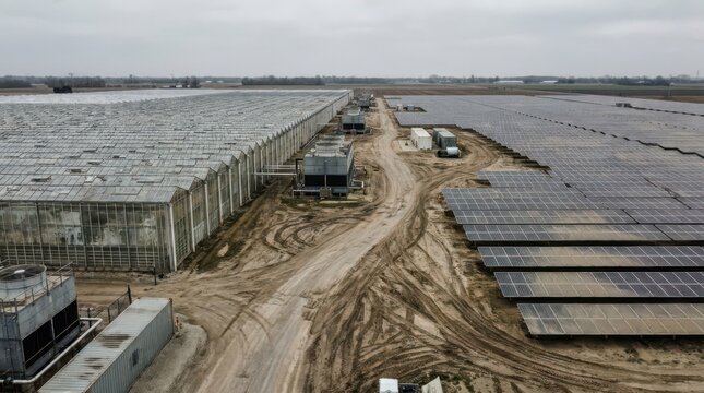 Expansive industrial greenhouse complex with large solar farm and muddy service road for agricultural energy infrastructure background