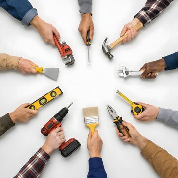 Diverse hands forming circle with professional trade tools