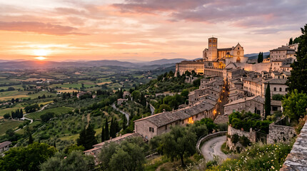Obraz premium Assisi Hillside Town at Sunset, Umbria Italy