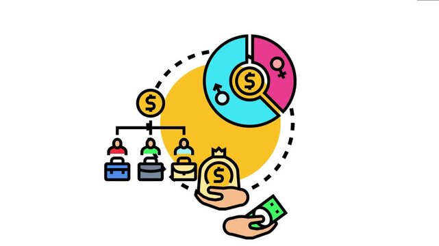Bridging the gender wage gap concept presents a pie chart symbolizing income disparity between genders, employee figures, and hands exchanging money for equal compensation