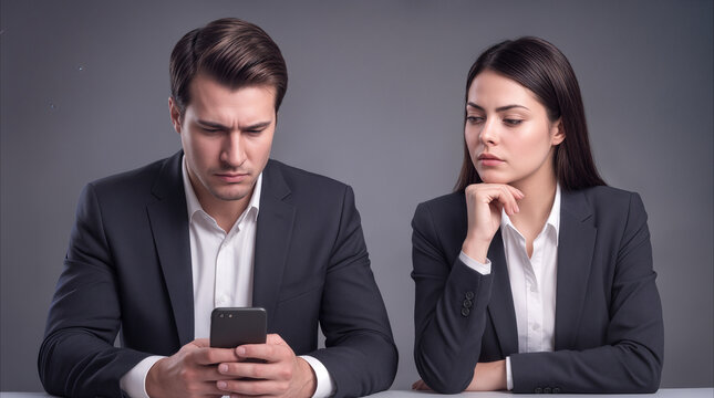 Corporate colleagues sitting together while man ignores woman to check smartphone. Phubbing and digital distraction in professional workplace environment.