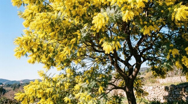 Blooming yellow mimosa tree in sunny spring landscape