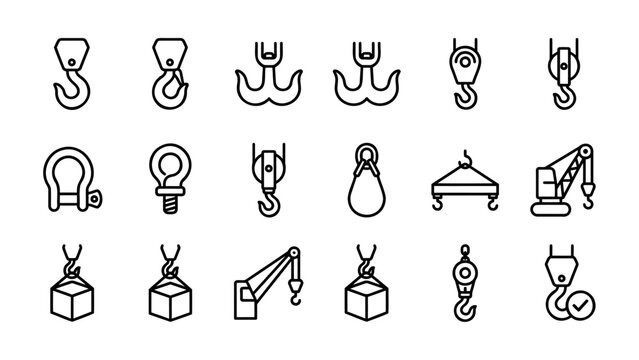 Industrial Crane Hooks and Lifting Equipment Outline Icons