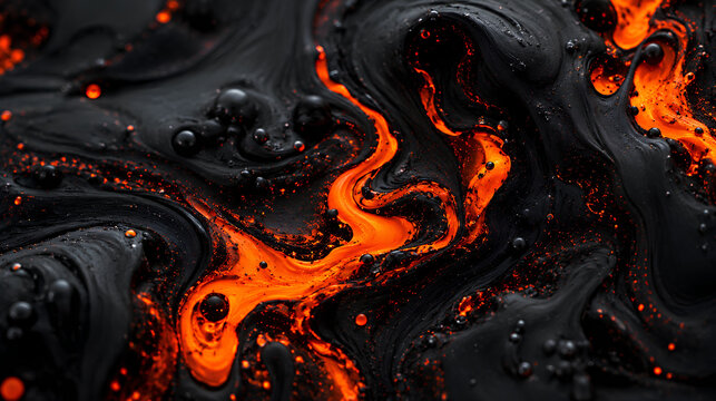 Abstract fluid texture of matte black liquid absorbing glowing orange embers