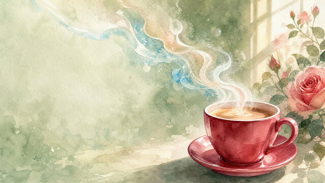 Coffee Steam Leading Lines Watercolor Painting for National Coffee Day Art