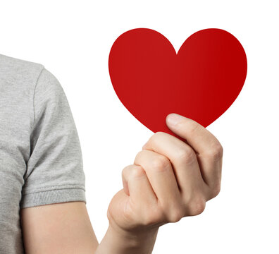 Hand holding red love heart, isolated on transparent cutout background