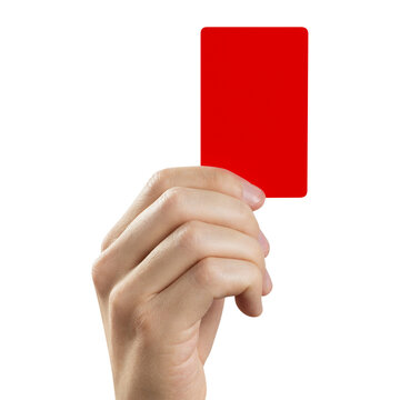 Hand holding red penalty card for sports disqualification, isolated on transparent cutout background