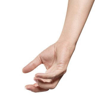 Open hand reaching down to grab or pick something, isolated on transparent cutout background