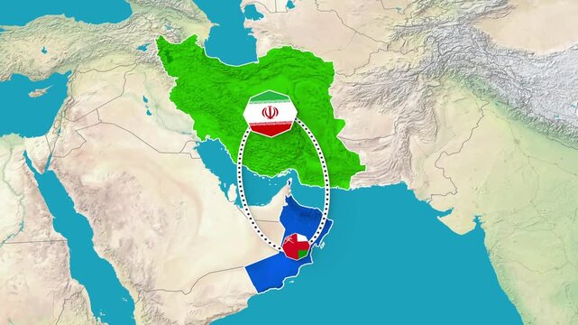Iran and Oman relations highlighted on satellite map video footage