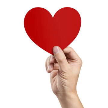 Human hand presenting red heart shape for love and valentines day, isolated on transparent cutout background