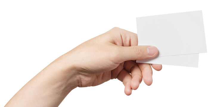 Hand holding two blank white cards, isolated on transparent cutout background