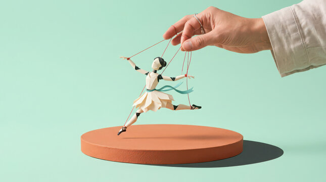 Human hand controlling a paper ballerina puppet on strings above an orange round generated using ai