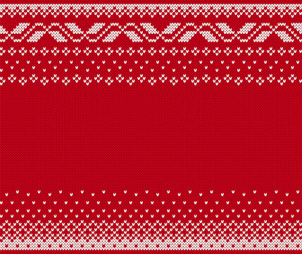 Christmas red seamless texture. Knitted sweater print. Fair isle traditional pattern. Holiday knit background with trees ornament. Xmas geometric border. Vector.