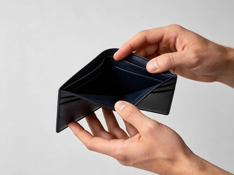 Person holding and opening an empty leather wallet showing no money