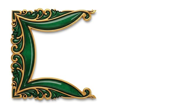 Elegant emerald and gold ornate corner frame element with intricate floral scrollwork and luxurious gemstone texture for invitations
