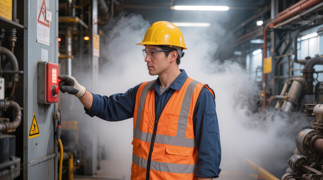 Maintenance technician pressing emergency stop button during steam leak at industrial facility. Safety protocol implementation in hazardous manufacturing environment.