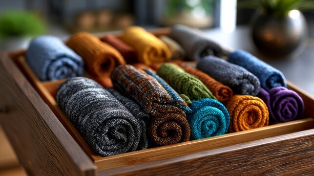 A wooden box filled with rolled colorful knitted scarves or socks against a blurred background.