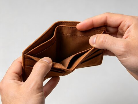 Person holding empty brown leather wallet open
