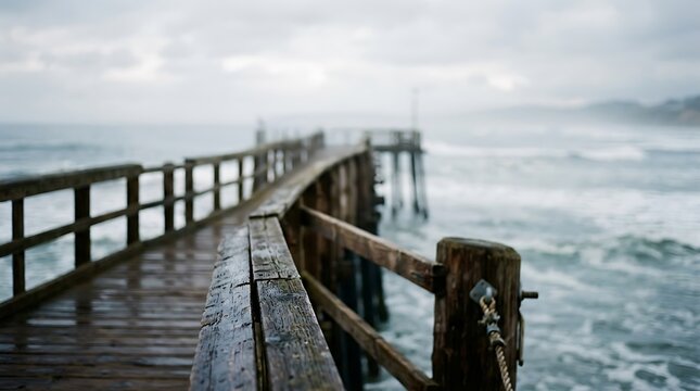 A weathered wooden boardwalk stretches over stormy ocean waves creating a moody atmosphere where the sea meets the coastline during a rainy day with heavy grey clouds lingering above the horizon