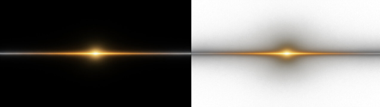 Abstract horizontal light streak with glowing golden center and soft lens flare effect, dynamic energy beam design element on split black and transparent background