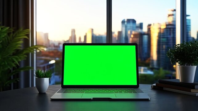 Sleek silver laptop featuring a vibrant green screen sits prominently on a dark desk surface during a bright golden sunset