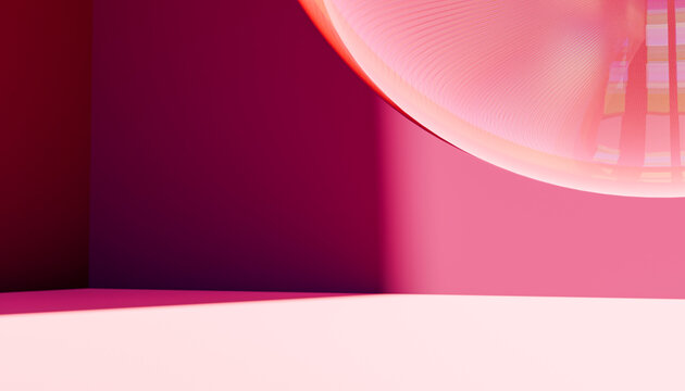 An abstract pink sphere casting soft shadows on a minimalist pink