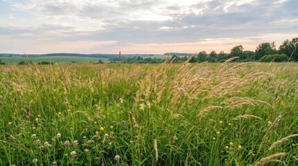 Obraz premium Wild grass field under expansive cloudy sky.