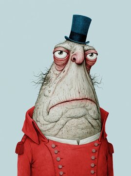 Whimsical portrait of a sad, wrinkled character.