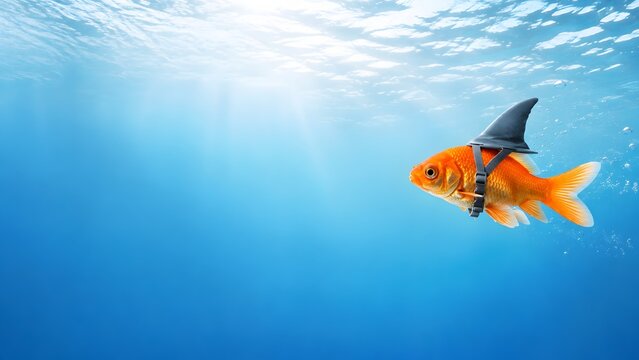 Goldfish wearing shark fin underwater representing business ambition fake confidence hidden potential and corporate courage metaphor