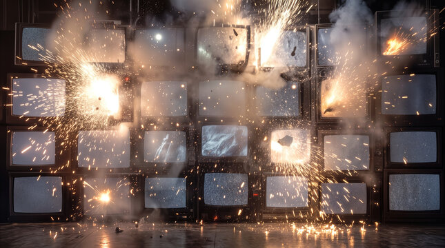 Exploding vintage televisions stacked in wall formation. Sparks and smoke from electrical short circuit in retro technology display.