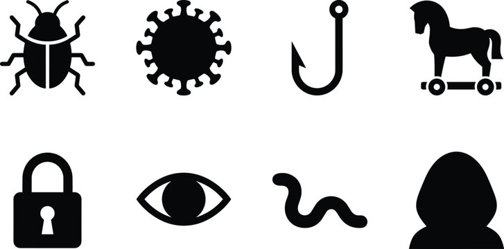 Cybersecurity Threat Silhouette Vector Bundle Featuring Bugs, Viruses, Phishing, Trojans, Worms, Hackers, Locks, and Surveillance Icons