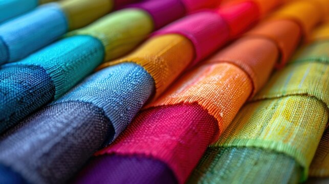Close-up of colorful woven fabric rolls arranged in a vibrant and textured display.