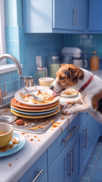 Jack Russell Terrier licking dirty plates in messy kitchen. Naughty dog stealing food scraps from stack of unwashed dishes on counter.