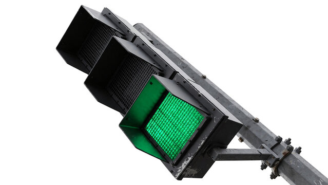 Traffic light signal showing green light against transparent background for urban road safety signs.