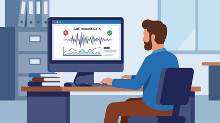 Fototapeta premium Seismologist Analyzing Earthquake Data on Computer Monitor