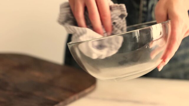 Woman softly dries a large glass mixing bowl with a striped cotton towel