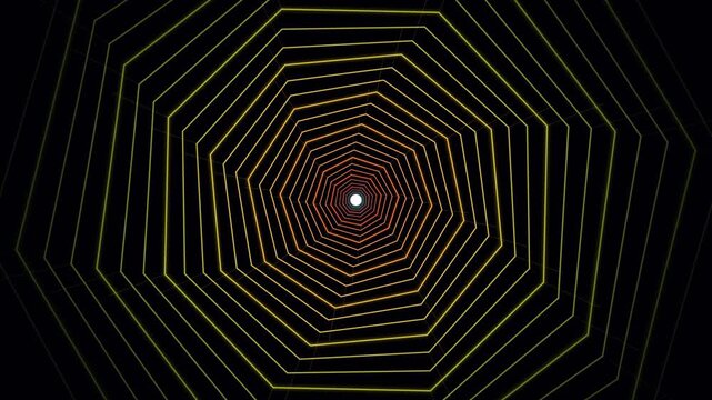 Infinite tunnel animation featuring glowing neon octagonal lines expanding forward through deep black space in this modern digital motion footage