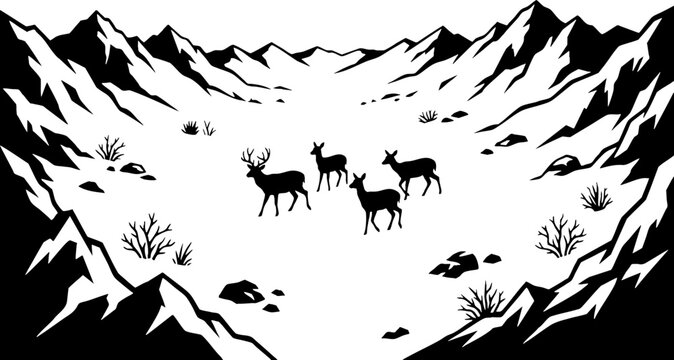 Silhouette illustration of a deer herd in a snowy mountain valley