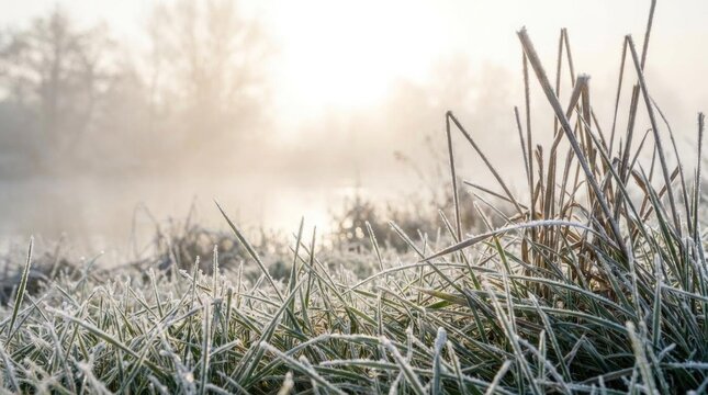 Close-up of frost covered grass on a misty morning.