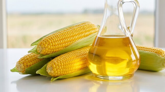 Fresh Yellow Corn Cobs and Pure Organic Corn Oil in a Glass Decanter on a White Surface