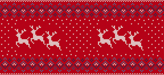 Naklejka premium Red print Christmas knit seamless pattern with reindeers. Xmas geometric texture. Knitted sweater background. Festive traditional border. Holiday fair isle ornament. Vector illustration