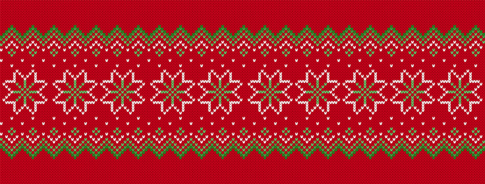 Christmas knit background with snowflakes. Knitted sweater print. Holiday winter ornament. Festive seamless pattern. Xmas geometric border. Fair isle traditional texture. Vector.