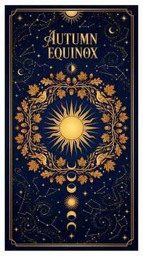 Autumn equinox celestial tarot card design with golden sun, moon phases, oak leaves, acorns, and birds on a dark blue starry background