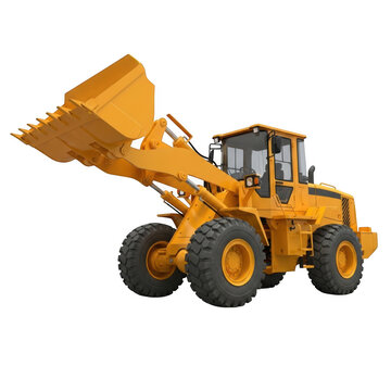 Yellow wheel loader machine working on construction site isolated on transparent background