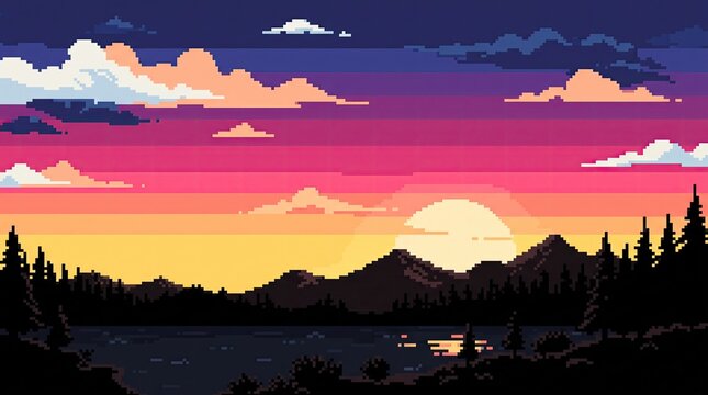 Beautiful pixel art landscape featuring a vibrant sunset over a calm lake with silhouettes of pine trees