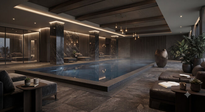 Luxury indoor swimming pool and spa interior with dark marble pillars and atmospheric lighting	어두운 대리석 기둥과 감성적인 조명이 있는 럭셔리 실내 수영장 및 스파 인테리어