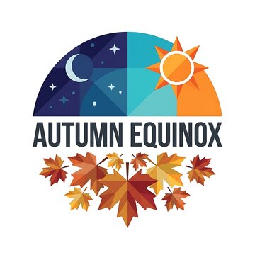 Autumn equinox graphic design with a split day and night sky, sun and moon, and colorful fall maple leaves, isolated on white background