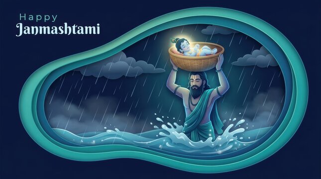 Happy janmashtami greeting card with lord krishna baby being carried by vasudeva across the river in a basket illustration