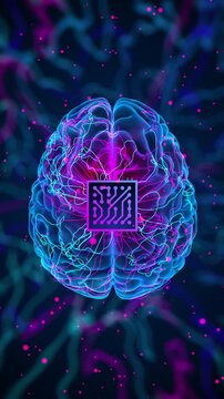 3D animation of a human brain with an implanted neural chip, showing glowing neural pathways and electrical activity to illustrate brain-computer interface technology and artificial intelligence.